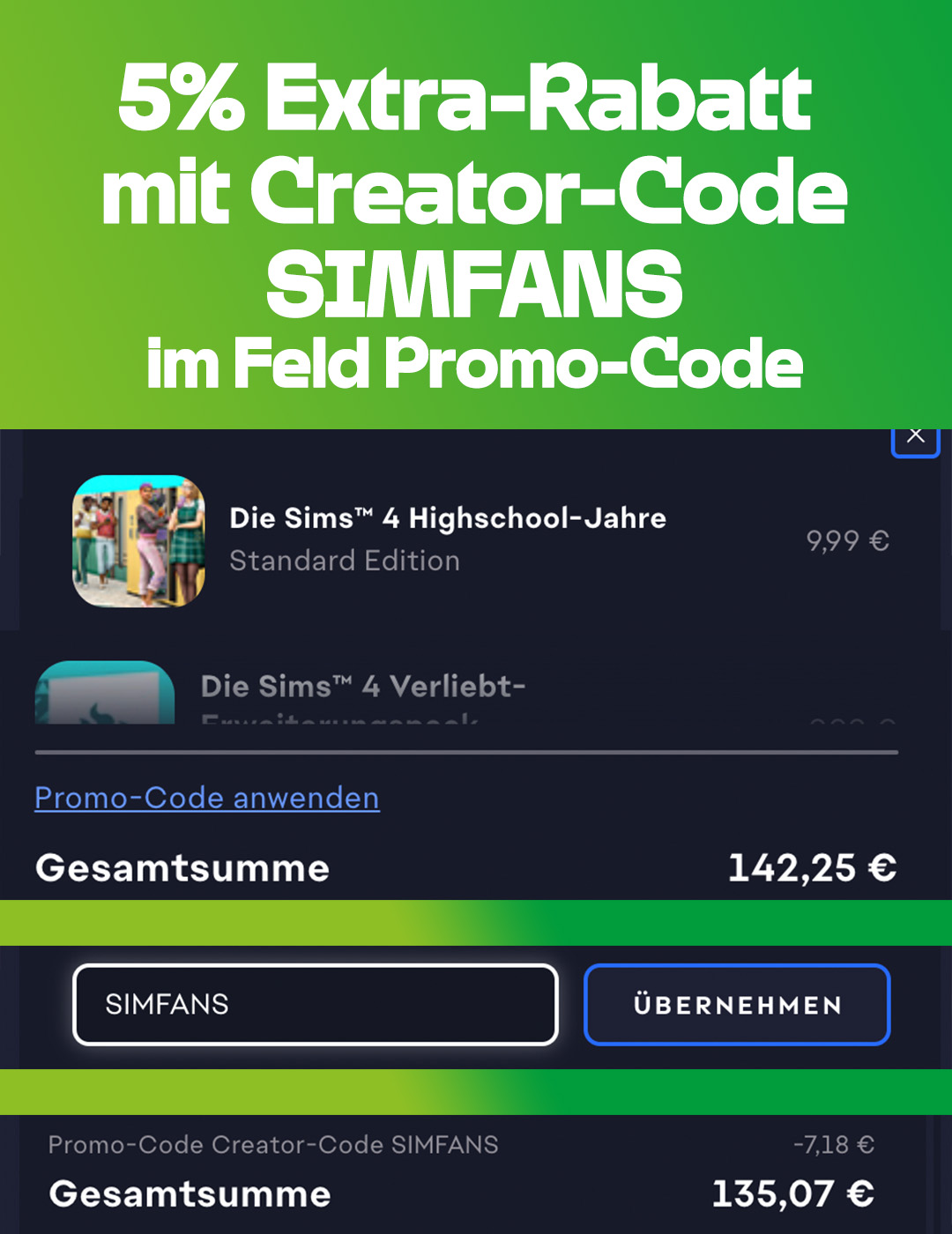 Creator Code SIMFANS anwenden im Feld Promo Code in der EA app.